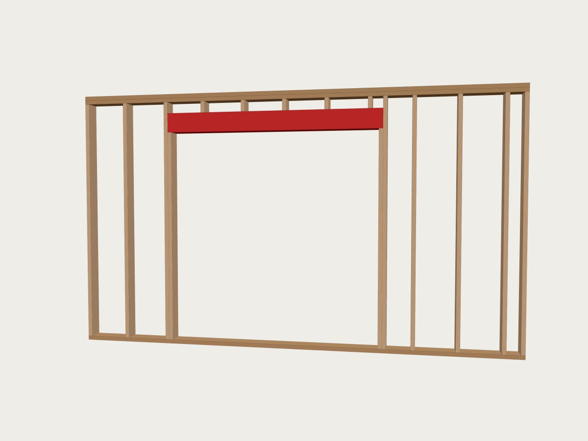 A framed wall in the WorkToCode 3D view, with an undersized header over a door shown in red